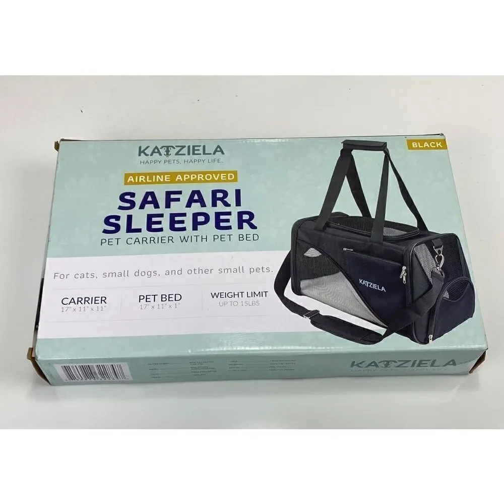 Katziela Safari Sleeper Pet Carrier w/ Pet Bed Small Pets Black Airline Approved